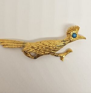 J. Ritter Roadrunner Brooch Pin Faux Turquoise Gold Tone Vintage